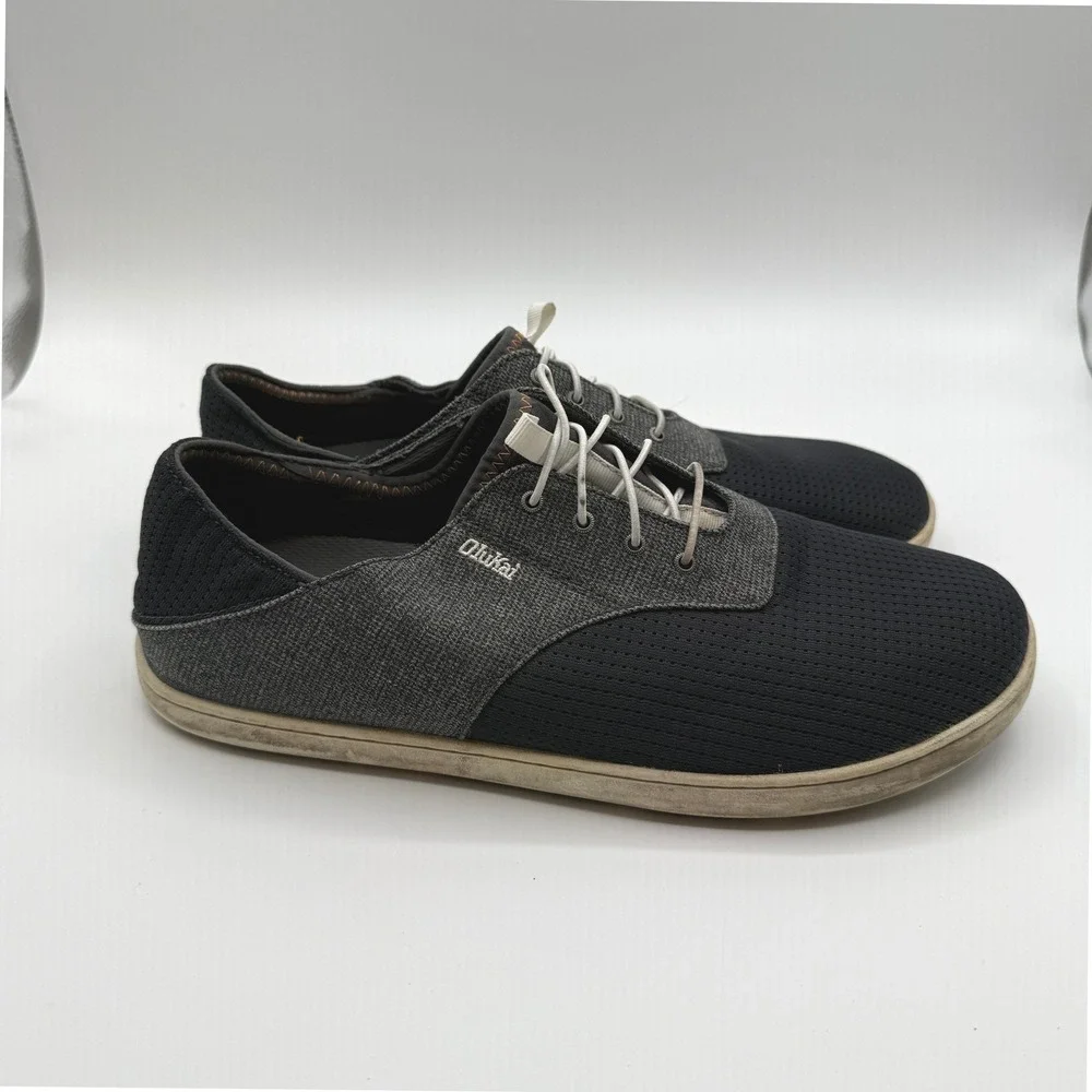 OluKai Nohea Moku Mens Sneakers 10 Black Gray Mesh Boat Shoe Slip On Drop Heel